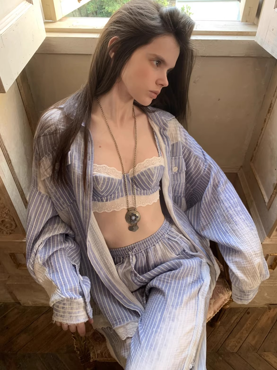 Washed Blue Stripe Shirt / Straight Pants / Corset Set