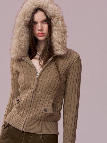 Faux-Fur Collar Cable-Knit Cardigan