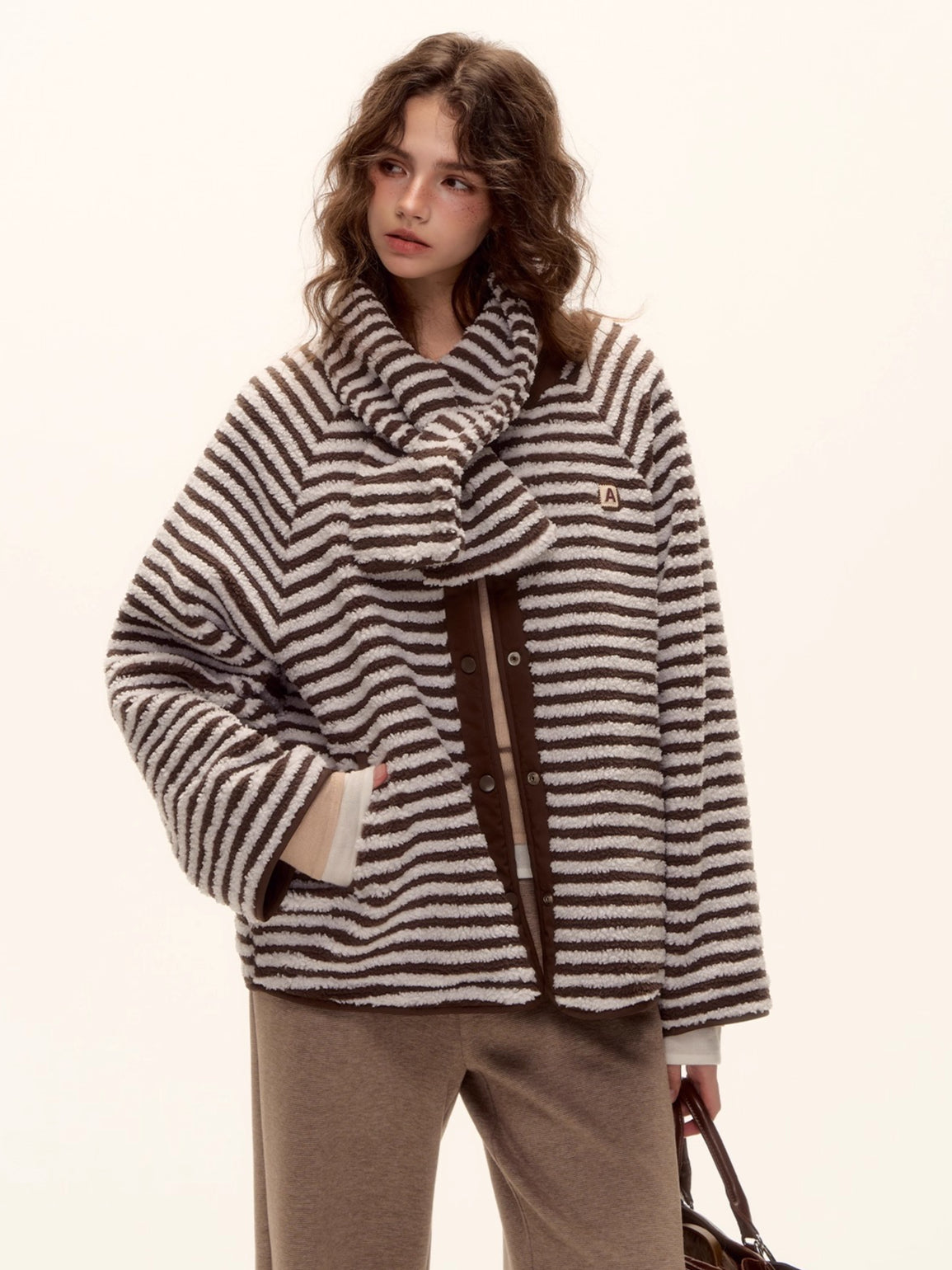 Reversible Striped Faux Scarf Detail Shearling Jacket
