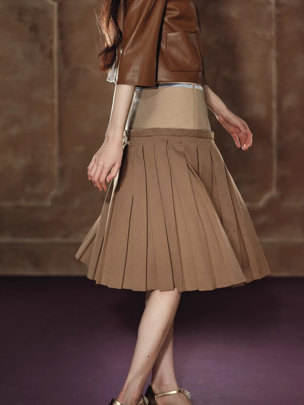 A-Line Skirt &amp; Cropped Sleeve PU Jacket Set