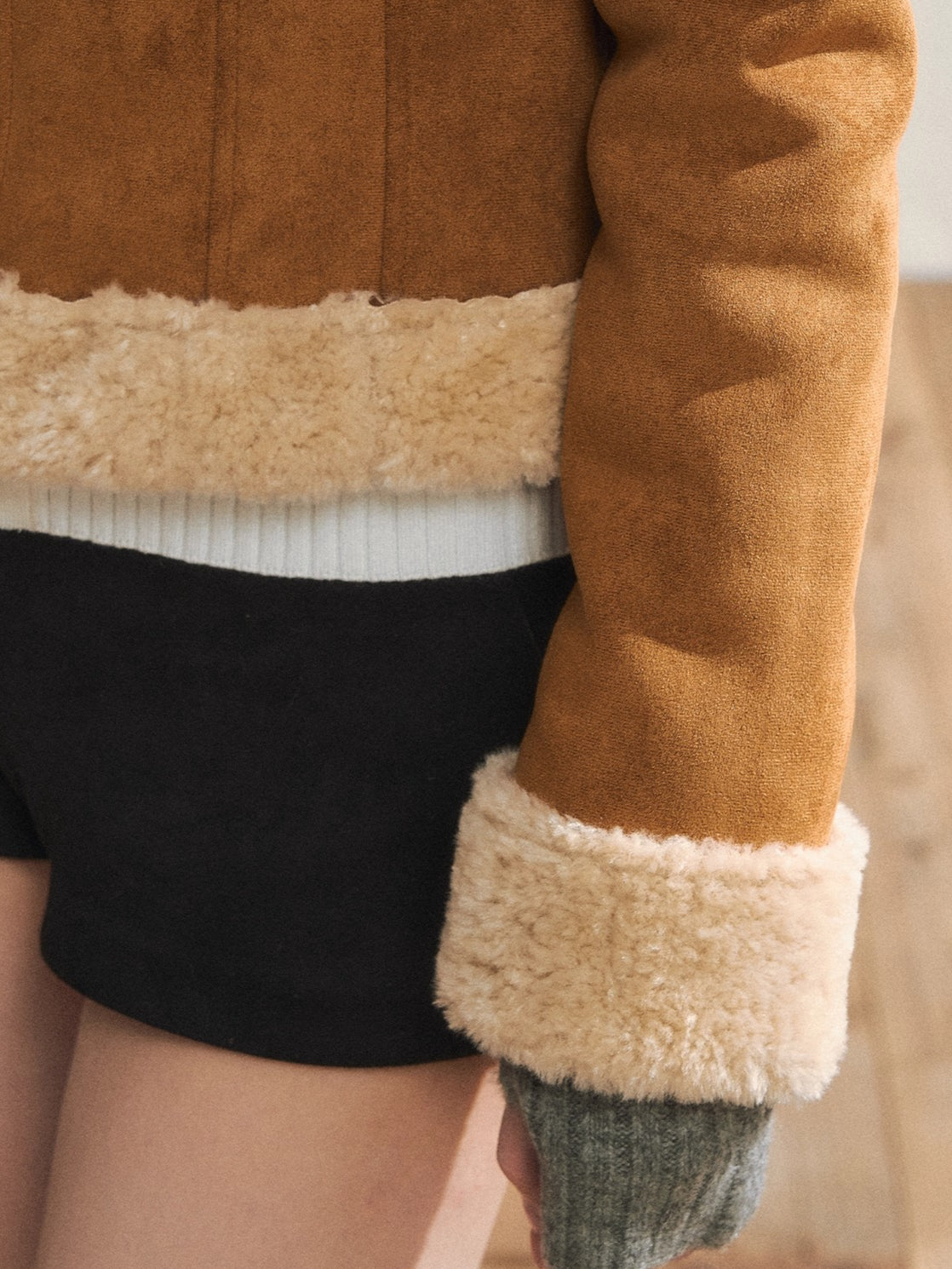 Two-Tone Shearling Cropped Jacket