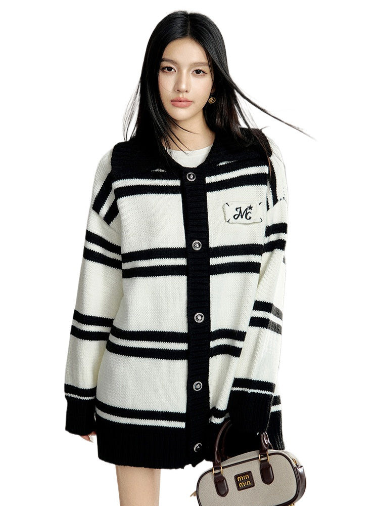 Black &amp; White Striped Oversized Sweater Cardigan