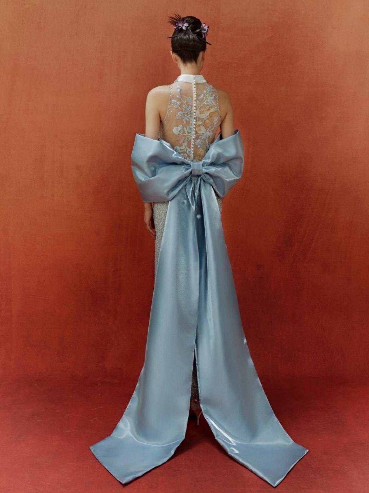 Ice Blue Embellished Halter Cheongsam Gown with Oversized Bow Train