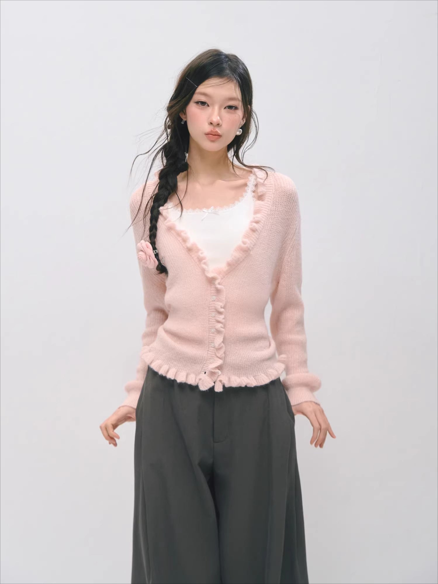 Deep V-Neck Ruffle Waist Cardigan