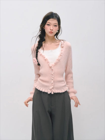 Deep V-Neck Ruffle Waist Cardigan