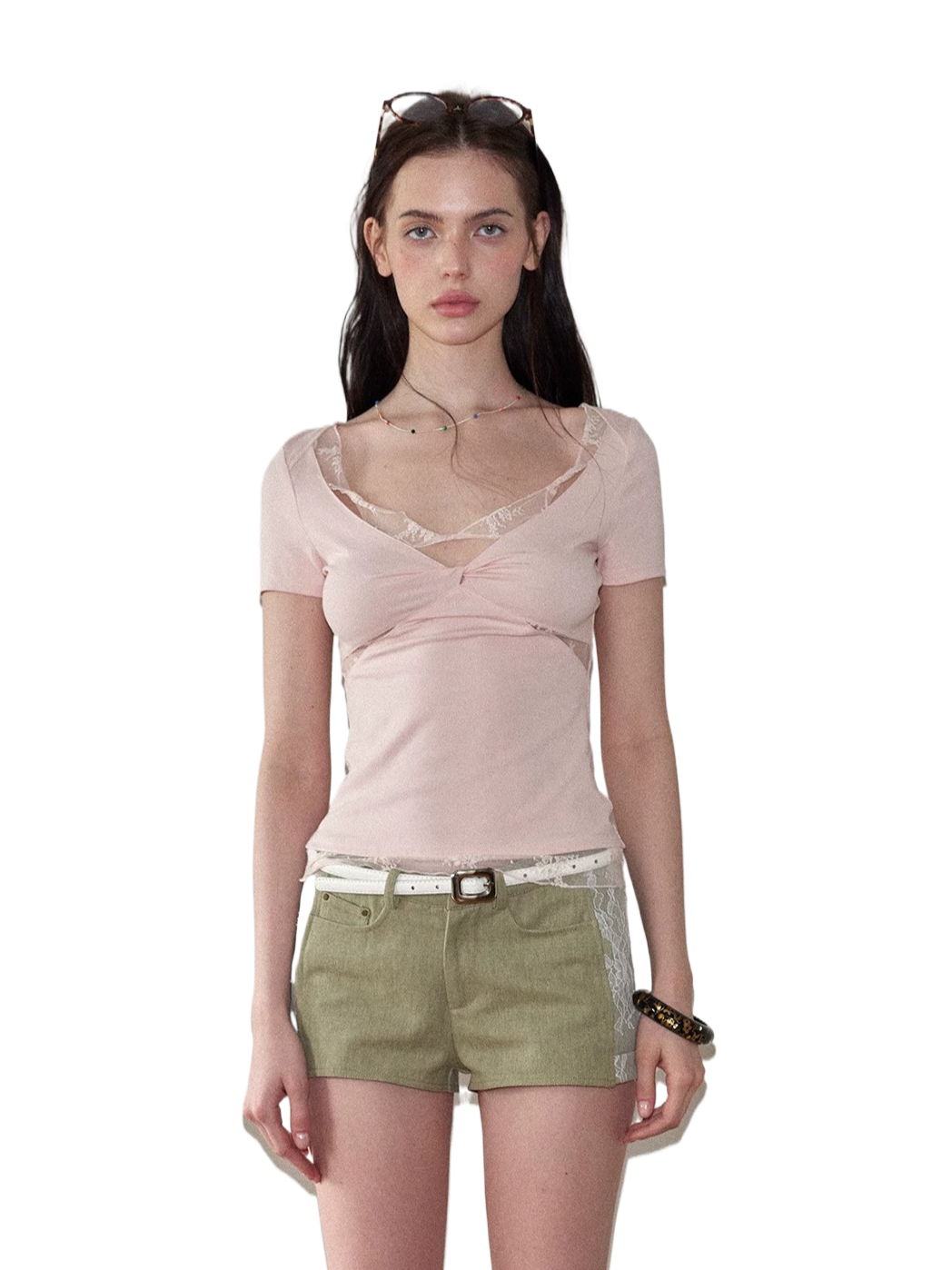 Lace Panel Ruched Slim-Fit T-Shirt NeverMore