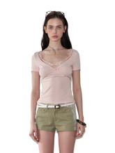 Lace Panel Ruched Slim-Fit T-Shirt NeverMore