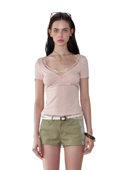 Lace Panel Ruched Slim-Fit T-Shirt NeverMore
