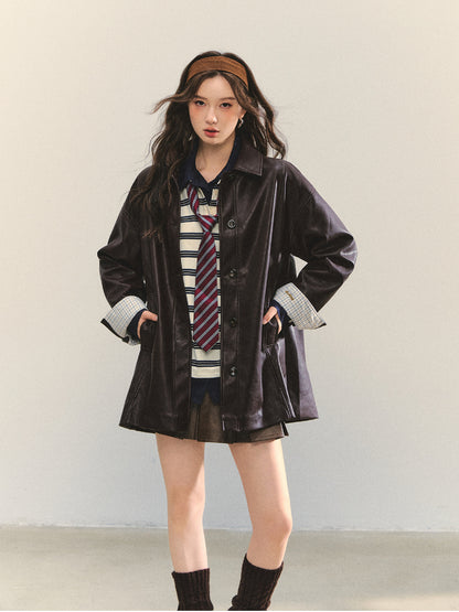 Black H-shaped Cuff Checkered Spliced Leather Jacket - CHINASQUAD