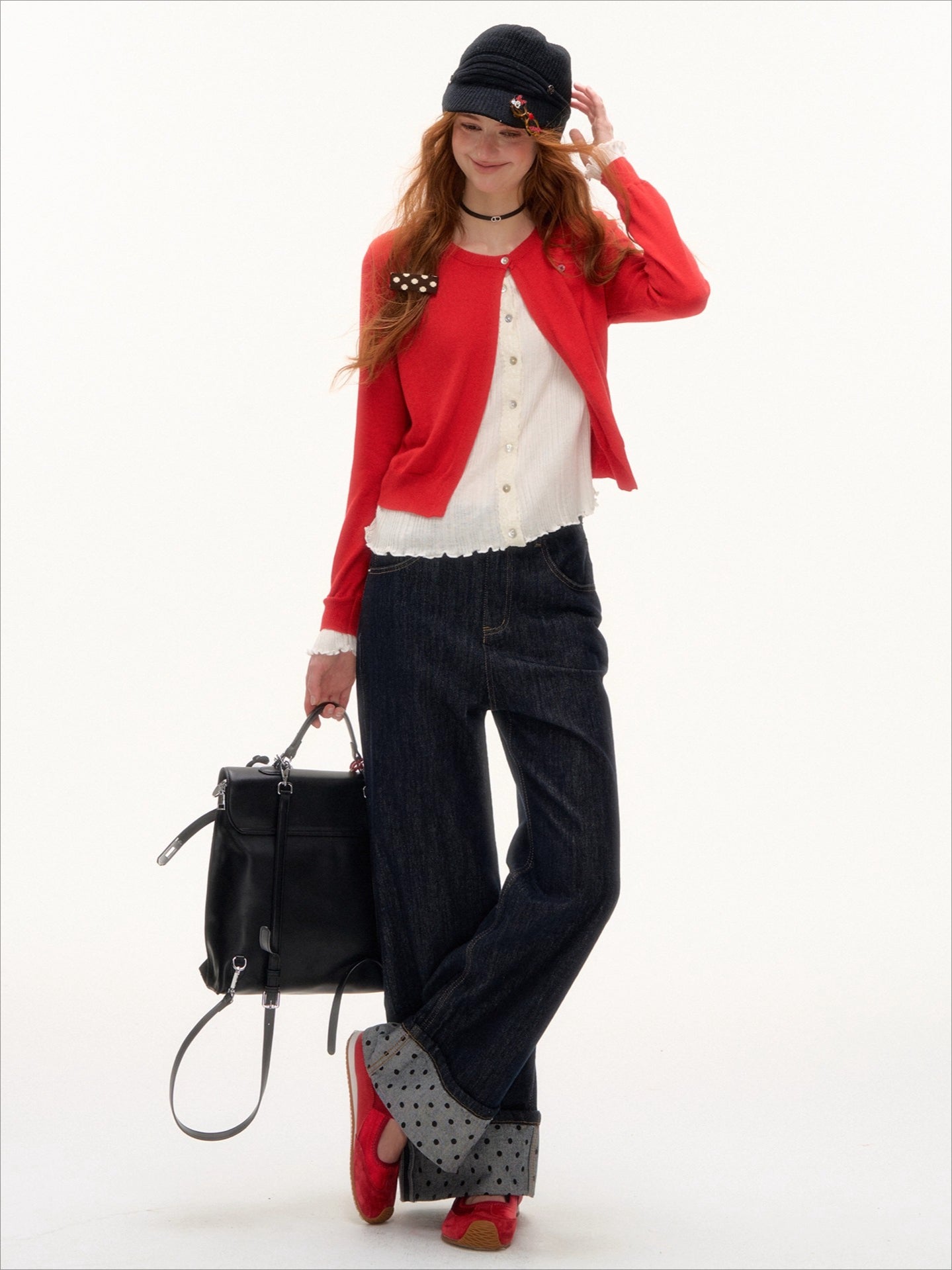 Contrast Cuff Polka Dot Denim Straight-Leg Jeans