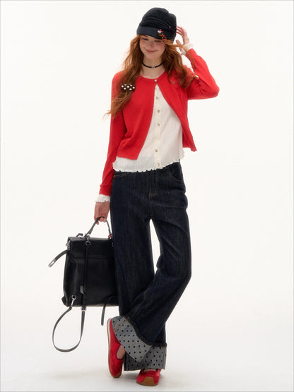 Contrast Cuff Polka Dot Denim Straight-Leg Jeans