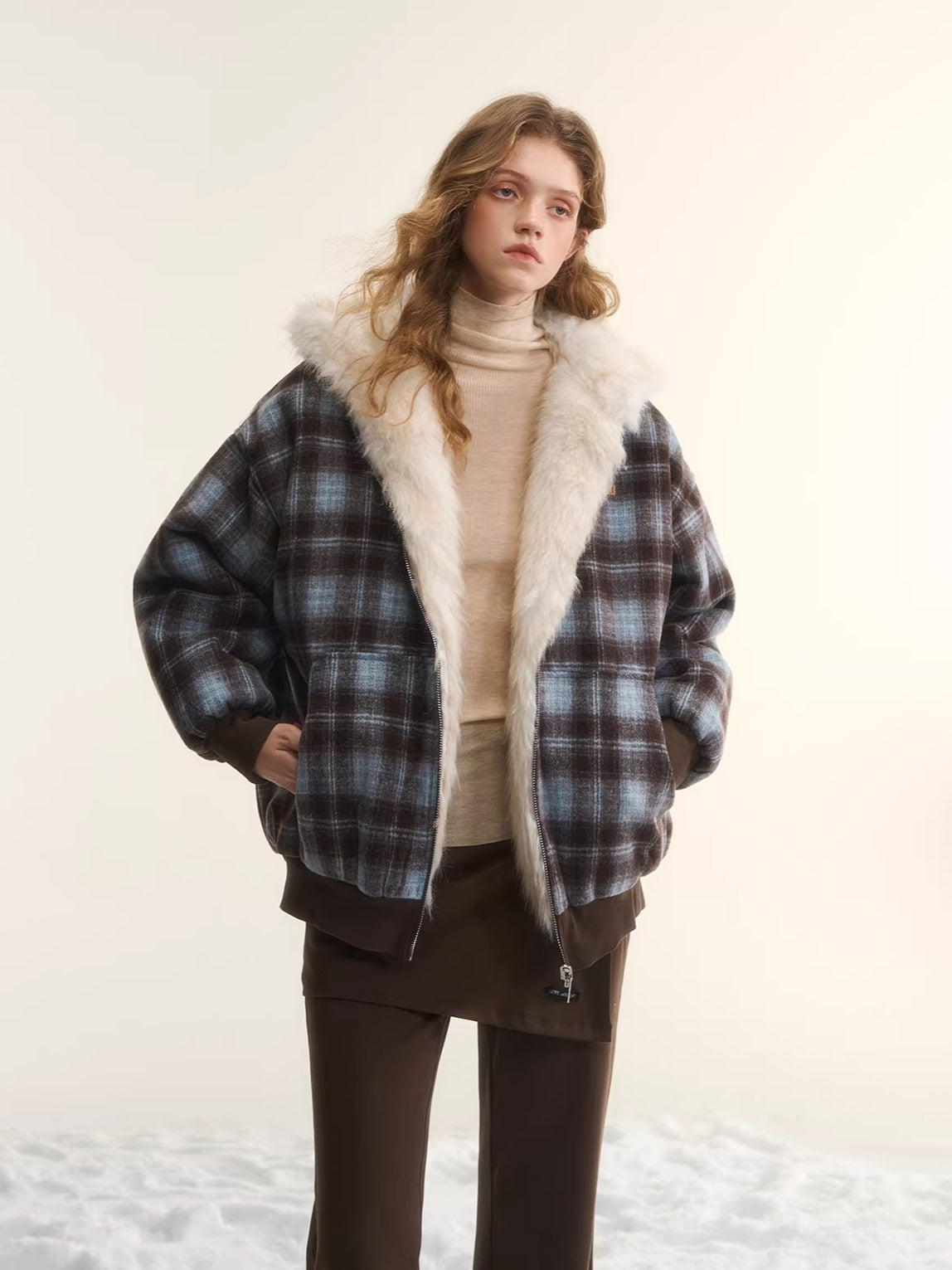 Reversible Plaid Teddy Fur Jacket