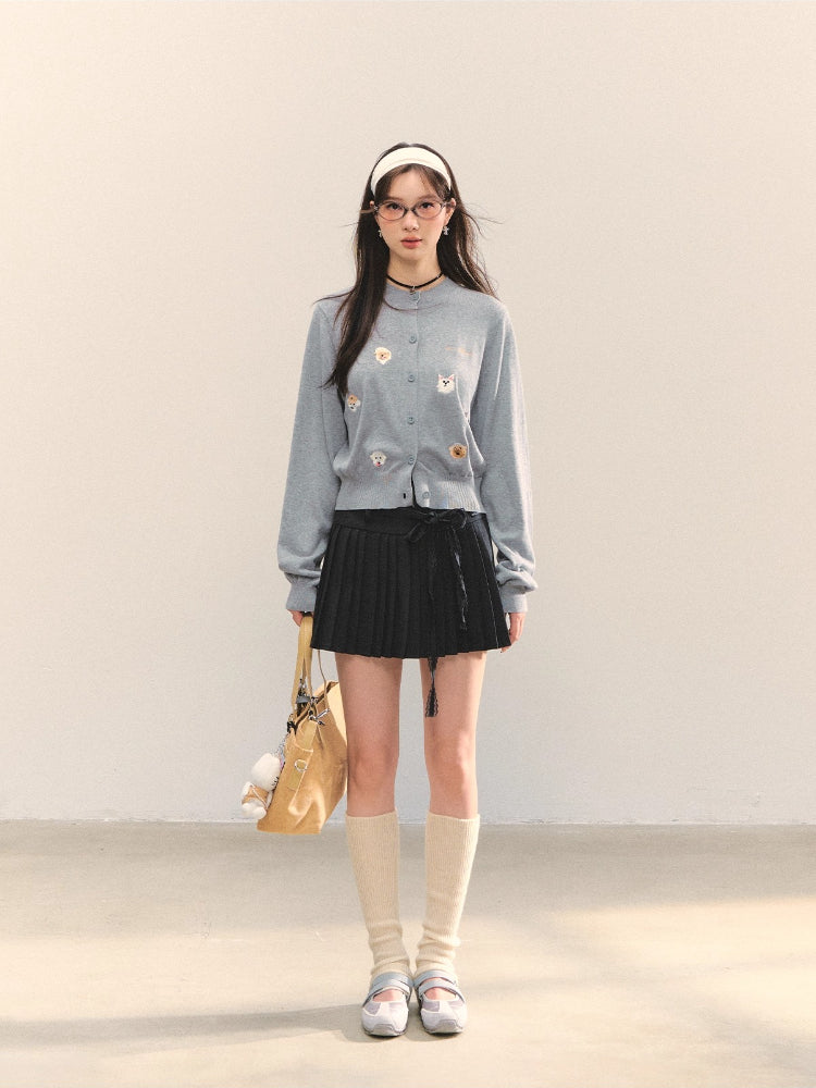 Dog Embroidery Crew Neck Knit Cardigan