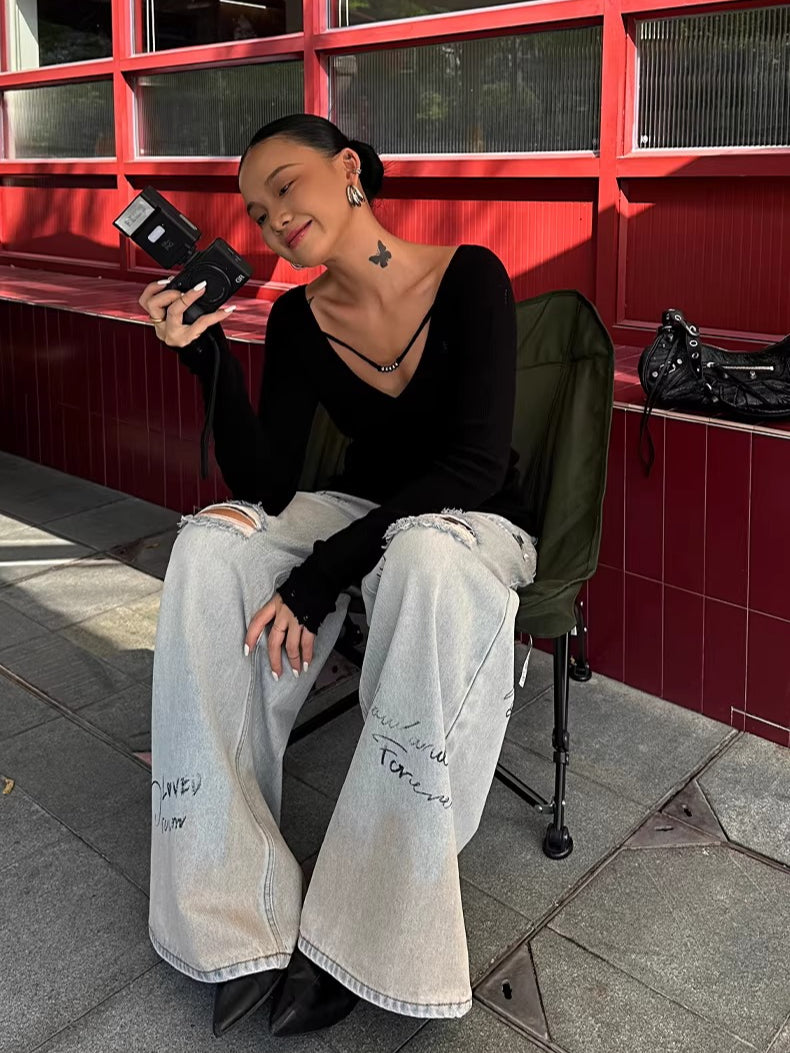 Graffiti Spray-Wash Wide-Leg Denim Jeans