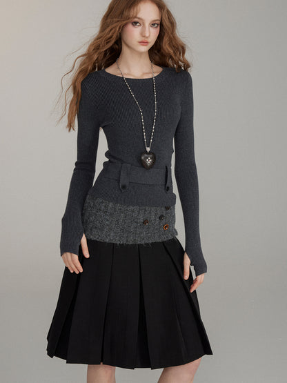 Patchwork Button Wool Pleated Skirt