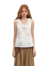 French Ruffle Lace Knotted Flower V-neck Top - CHINASQUAD