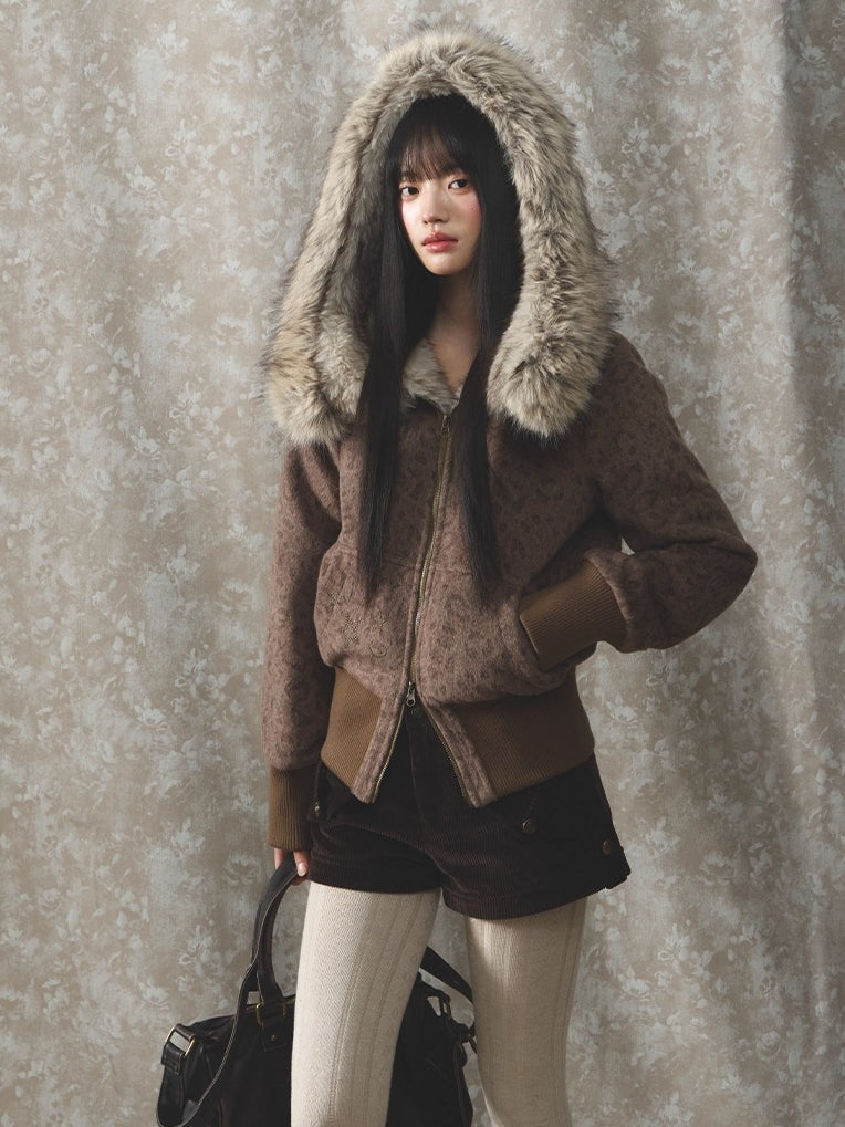 Vintage Leopard Print Faux Fur Hooded Jacket