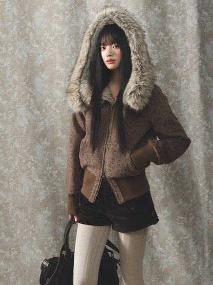 Vintage Leopard Print Faux Fur Hooded Jacket