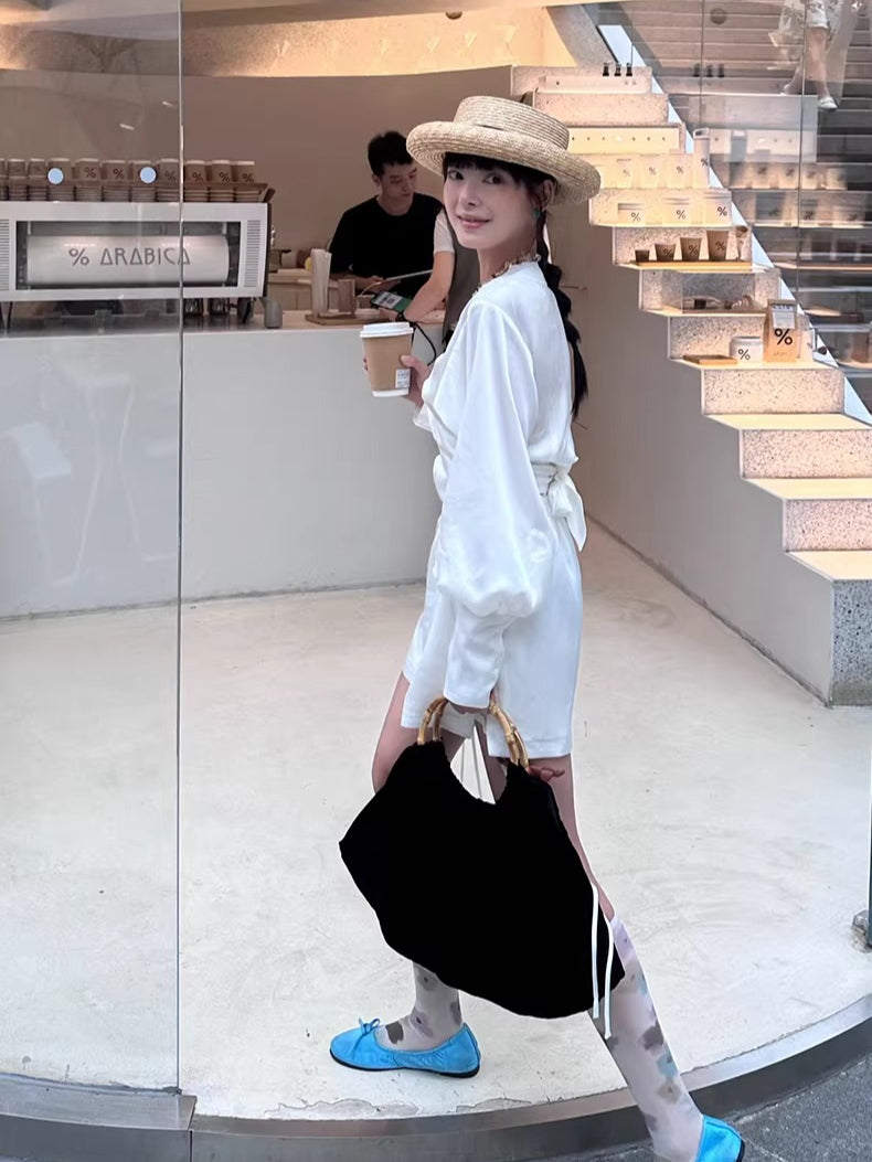 Convertible Ruched V-Neck Acetate Blouse