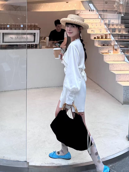 Convertible Ruched V-Neck Acetate Blouse