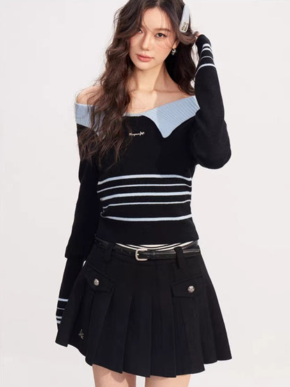 Contrast Collar Striped Knit Polo Top