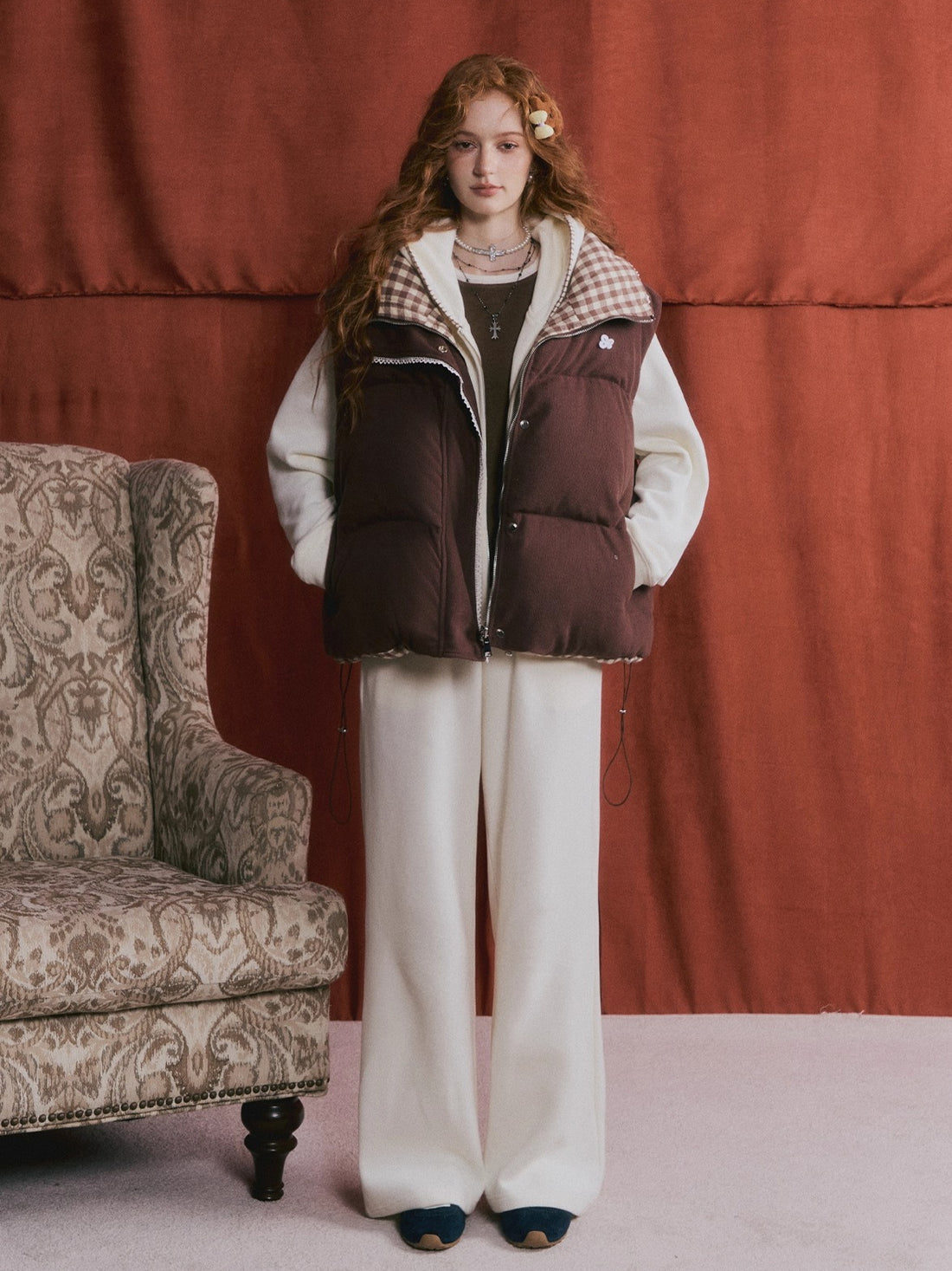 Reversible Plaid Lace-Trim Padded Vest