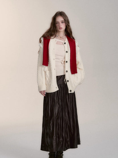 Dark Coffee PU Midi Skirt