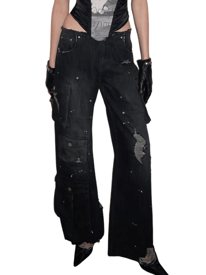 Vintage Multi-Pocket Washed Denim Cargo Pants