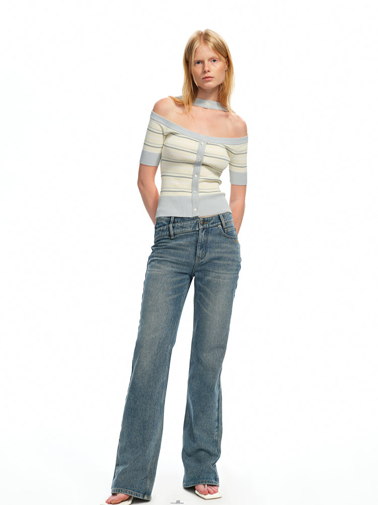 One-Shoulder Halter Neck Color-Block Striped T-shirt - CHINASQUAD