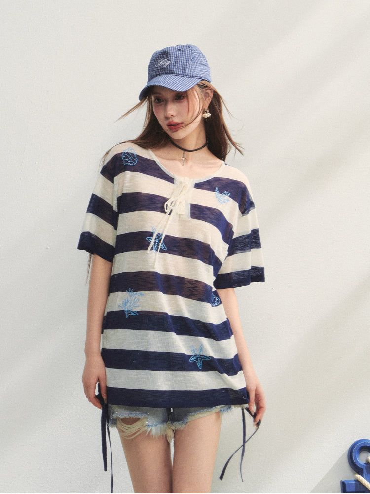 Striped Embroidery Drawstring Tie T-Shirt