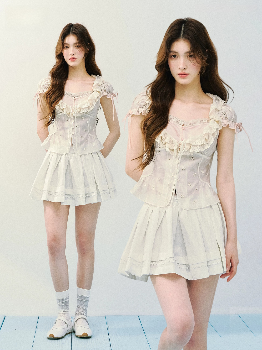 Layered Lace Lyocell Puff Sleeve Blouse