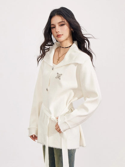 Belted Oversized Collar Knit Coat
