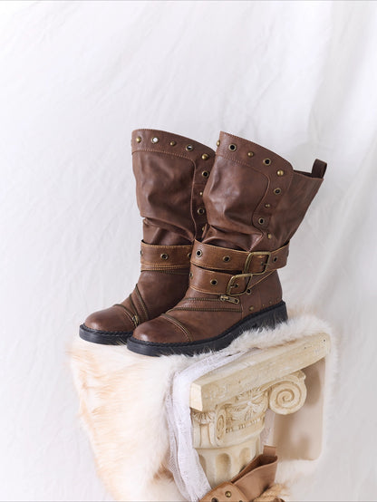 Retro Distressed Rivet Zipper Mid-Calf Boots