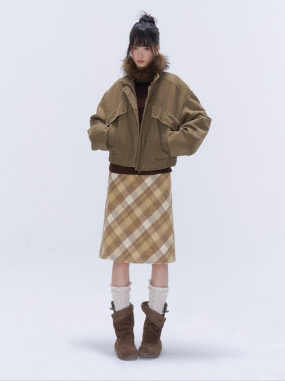 Yellow Plaid Wool-Blend Midi Skirt