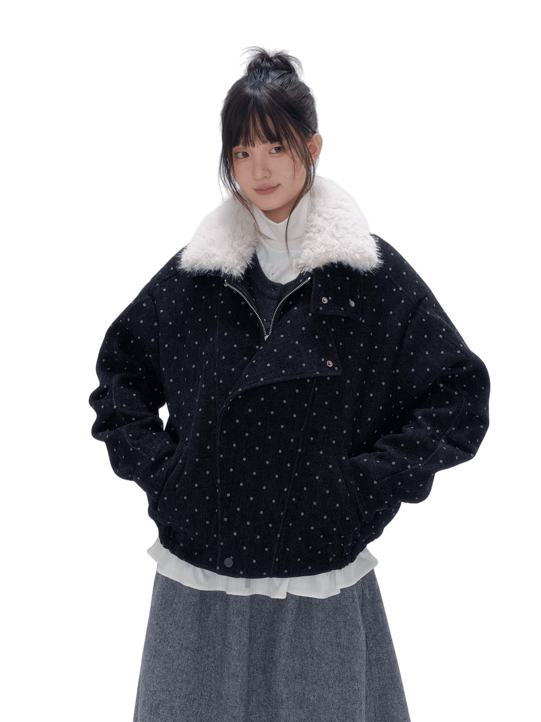 Fur Collar Polka Dot Quilted Jacket