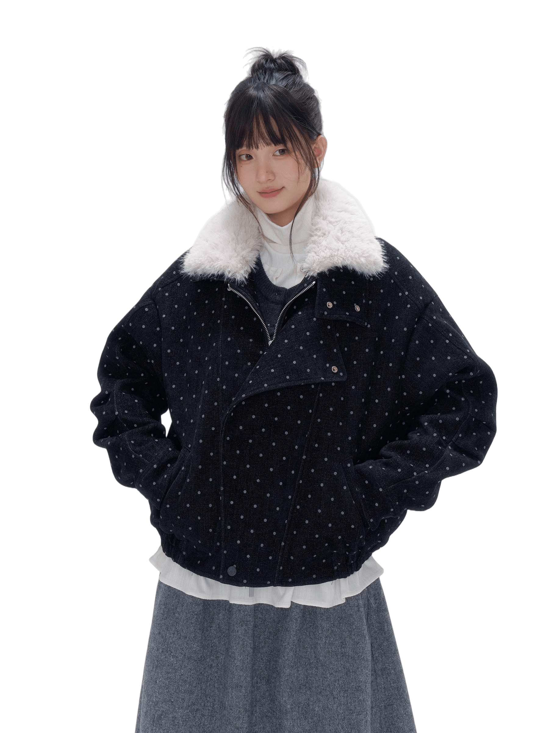 Fur Collar Polka Dot Quilted Jacket