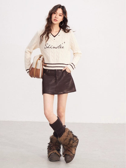 Layered-Effect Embroidered Knit V-Neck Sweater