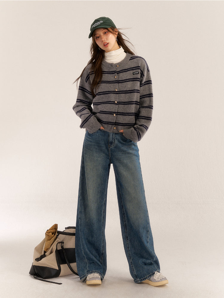 Washed High-Waist Slim Wide-Leg Jeans