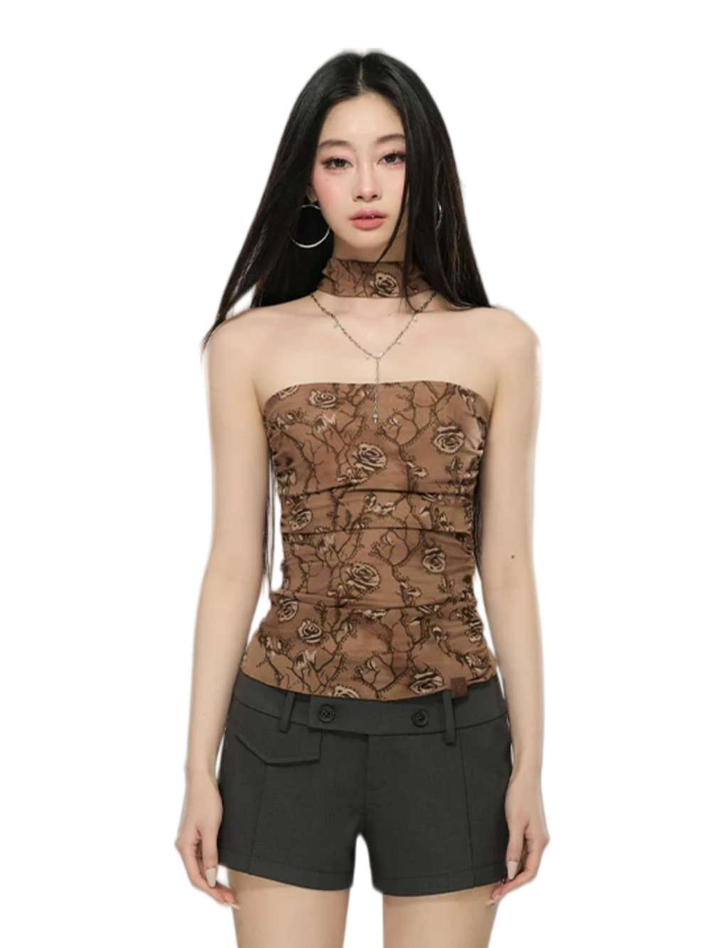 Floral Mesh Choker-Neck Strapless Top