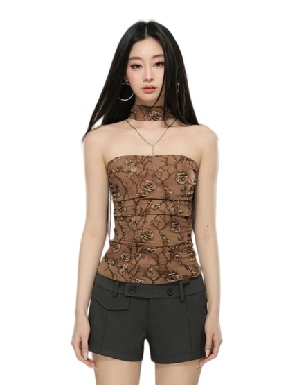 Floral Mesh Choker-Neck Strapless Top