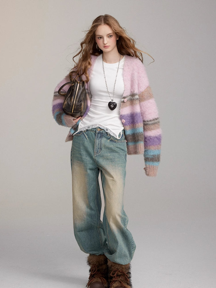 Brushed Colorblock Striped Knit Cardigan