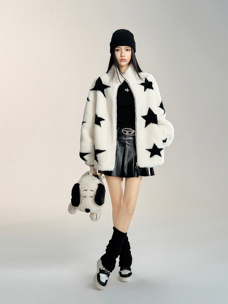 White Stand Collar Sherpa Star Jacket