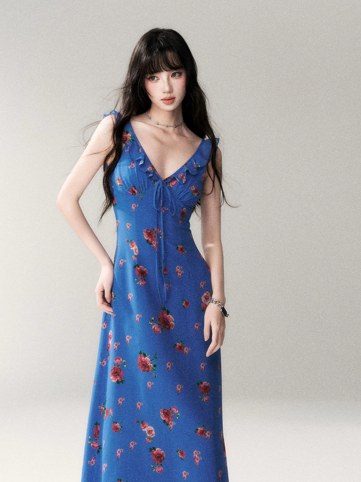 Blue Rose V-Neck Resort Maxi Dress
