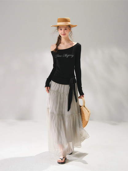 Pearlescent Textured Tiered A-Line Midi Skirt