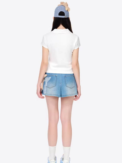 Rhinestone-Embellished Slim-Fit Cropped Polo T-Shirt