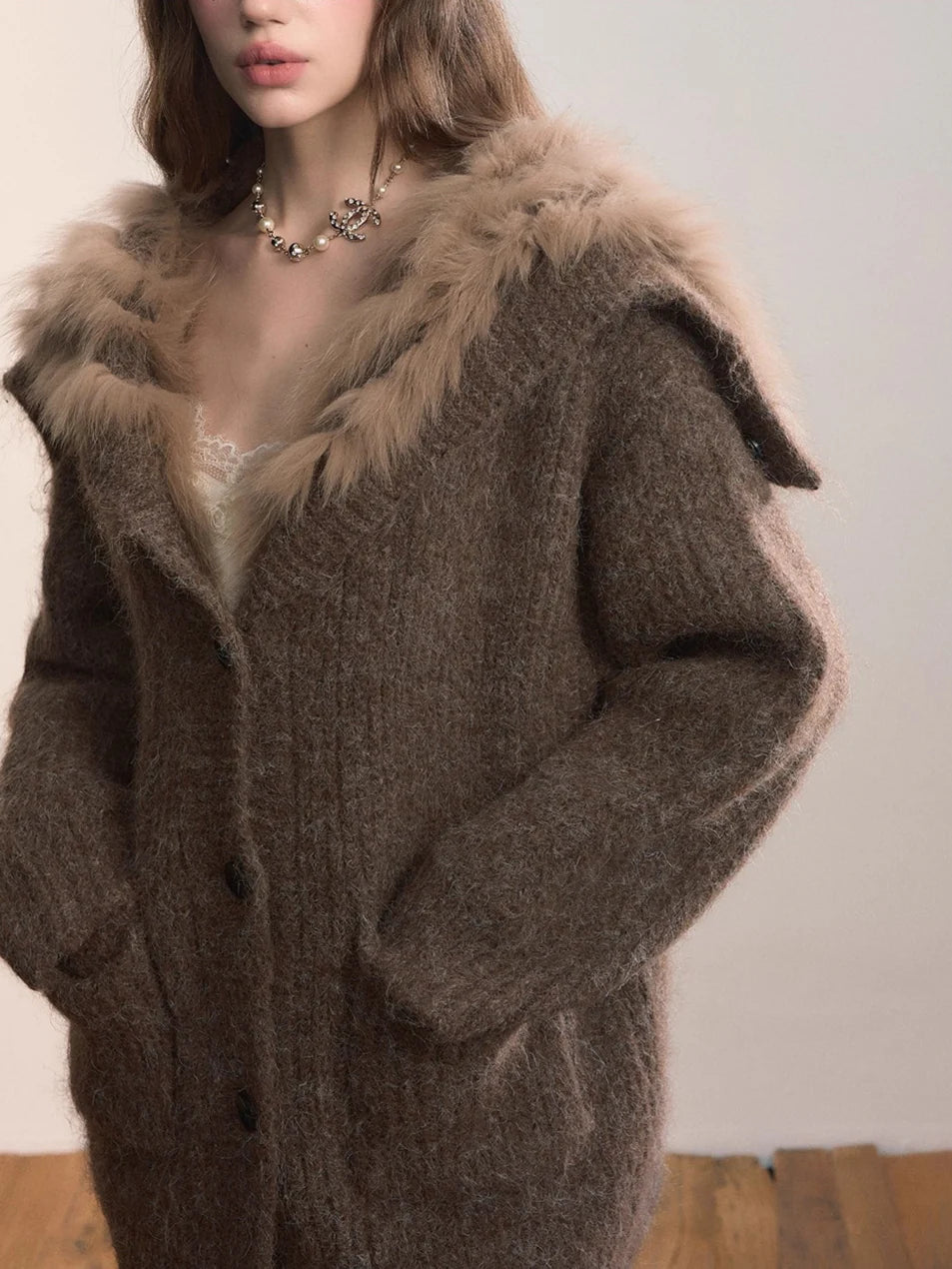 Fox Fur Collar Plush Knit Cardigan