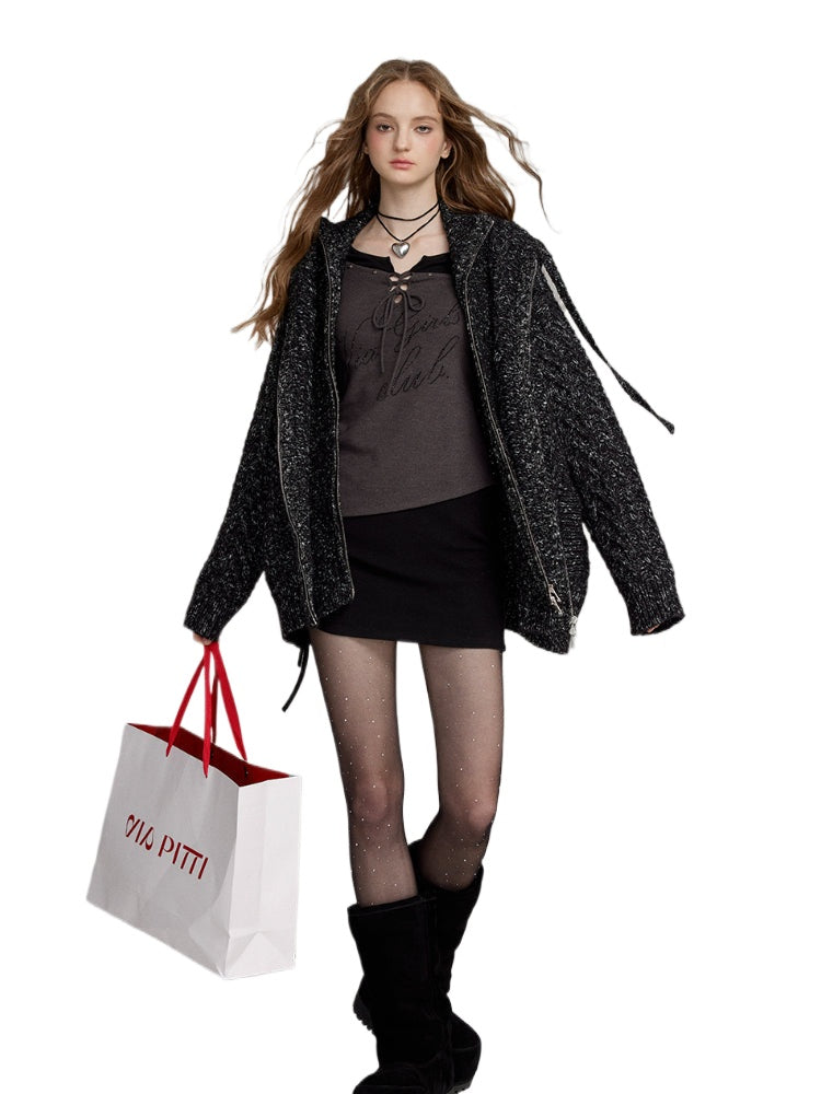 Two-Piece Chunky Knit High-Neck Cardigan - CHINASQUAD