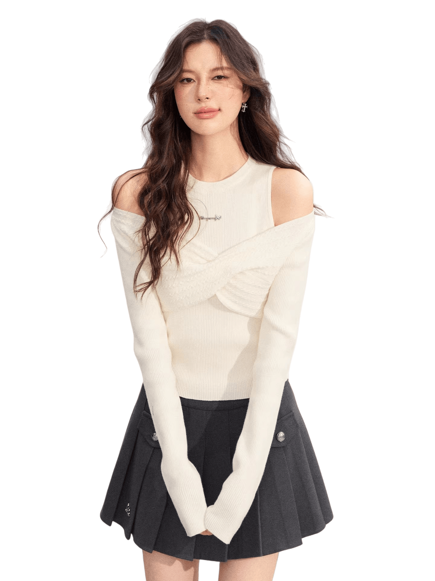 Bow Cable-Knit Vest Long-Sleeve Two-Piece Set