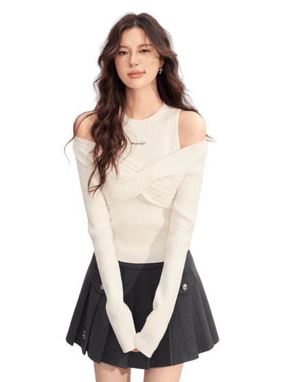 Bow Cable-Knit Vest Long-Sleeve Two-Piece Set