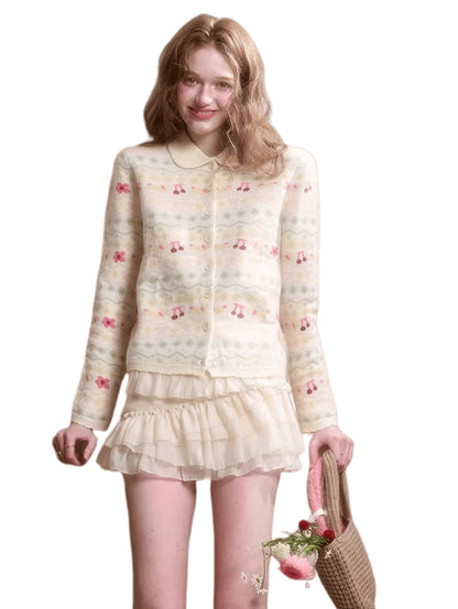 Jacquard Doll-Collar Knit Cardigan